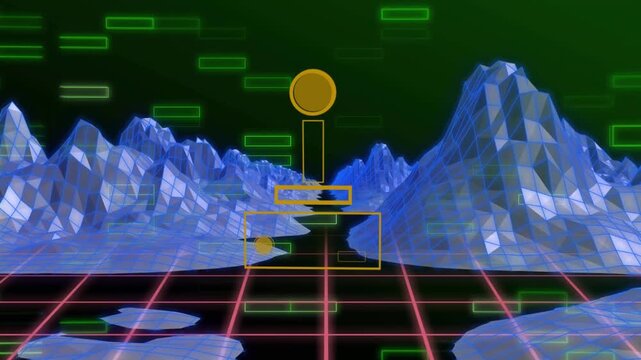 Animation of video game controller icon over metaverse structures against green background