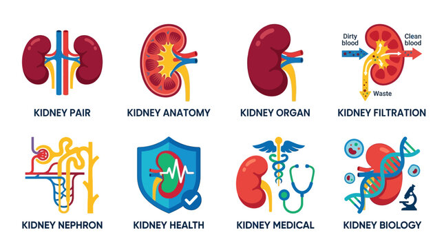 Vector illustrations of human kidney anatomy and health concepts including organ, filtration, nephron, and medical aspects.
