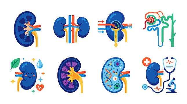 A vibrant vector illustration of various kidneys with colorful details and medical symbols surrounding them in a lively and educational style.