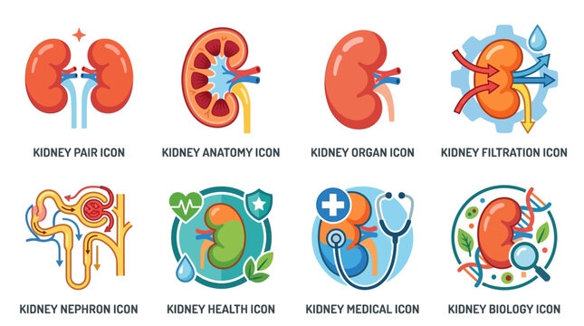 Vector illustrations of kidneys showcase anatomy, health, and biology in a medical context, highlighting organ function and filtration process in a human body with icons.