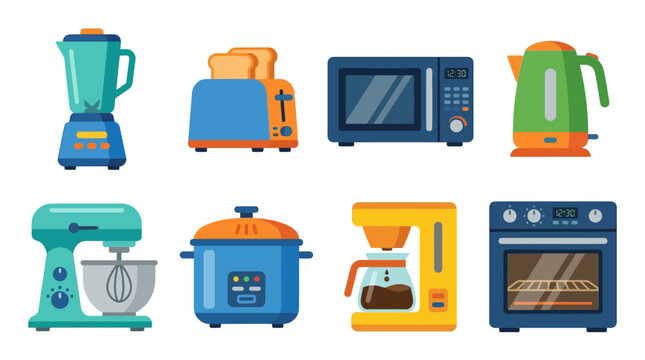 A vector illustration of various colorful kitchen appliances arranged in two rows on a white background including blender toaster microwave kettle mixer slow cooker coffee maker and oven.