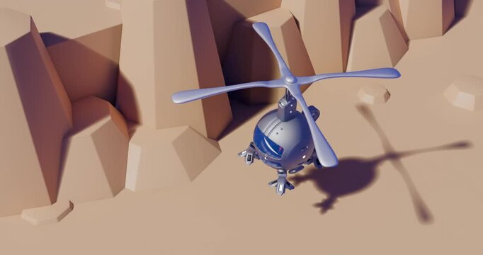 Helicopter above desert. 3d render video.