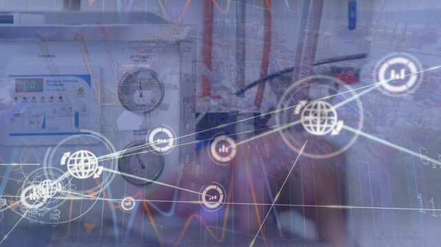 Animation of network of connections over caucasian fabric worker