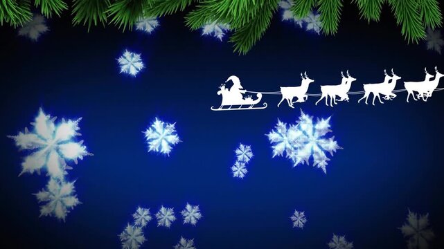 Animation of santa sleigh, snow falling and tree branch on blue background