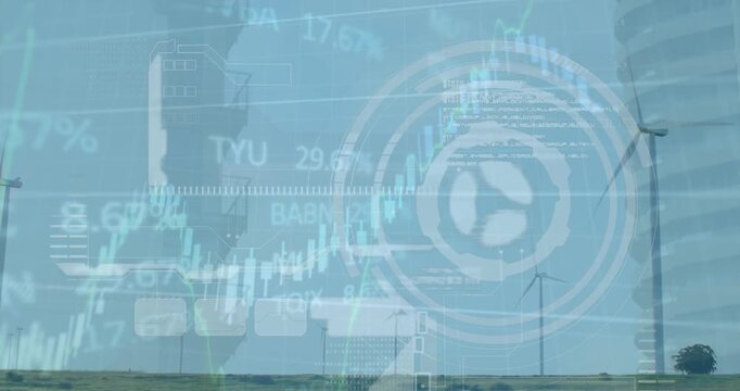 Animation of radar, graph and trading board over low angle view of building and windmills