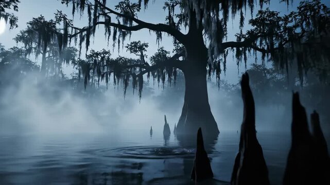Foggy marsh with silhouette of cypress tree and moss. Mysterious swamp scenery at night with calm water reflection. Dark nature landscape for horror concept.