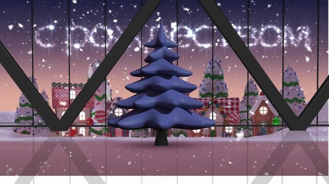 Animation of christmas greetings text and christmas tree in winter scenery