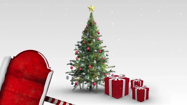 Animation of christmas tree, presents and wooden sign with copy space