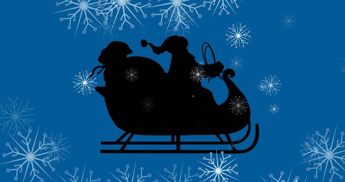 Animation of santa claus in sleigh over snow falling on blue background