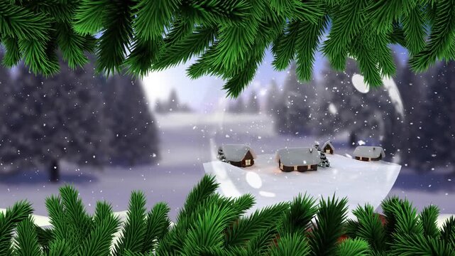 Animation of green leaves and snow falling over houses in a snow globe against winter landscape