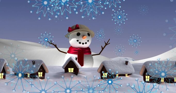 Animation of blue snowflakes icons over snowman and houses icon against winter landscape