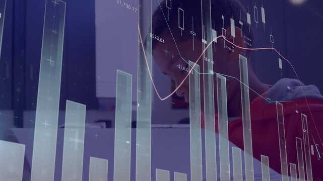 A blind schoolboy is sitting at desk 4k, side view, reading a braille book in class