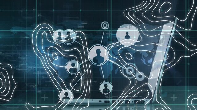 Animation of topography and network of profile icons over mid section of man using laptop