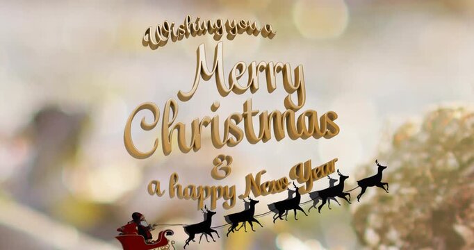 Animation of merry christmas and new year text banner against decorated christmas tree