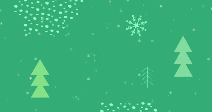 Animation of snowflakes falling over christmas tree icons and abstract shapes on green background