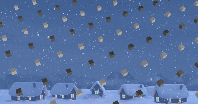 Animation of rows of cubes pattern and christmas snow falling over winter scenery