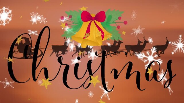Animation of christmas greetings text, santa claus in sleigh and snow falling over winter scenery