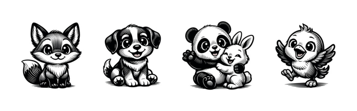 Cute animal characters illustration black and white vector, featuring fox dog panda rabbit and bird
