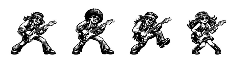 Fototapeta premium Retro guitarists silhouette vector, black and white musician illustration, guitar characters