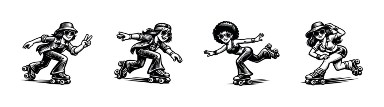 Retro roller skaters illustration, black and white vector, silhouette style, sporting theme, dynamic poses