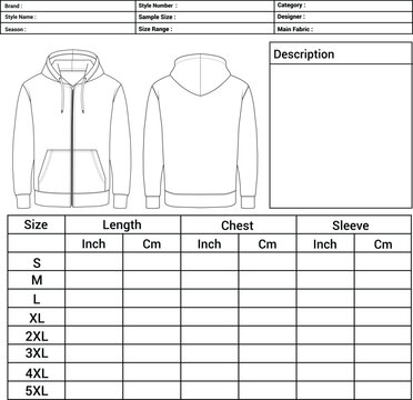 Hoodie Technical Flat Sketch Template, Garment Tech Pack Design, Front and Back View Hoodie Specification Sheet