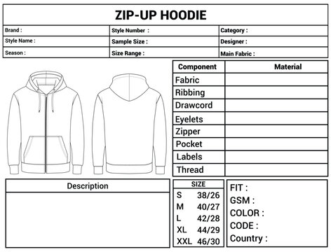 Hoodie Technical Flat Sketch Template, Garment Tech Pack Design, Front and Back View Hoodie Specification Sheet