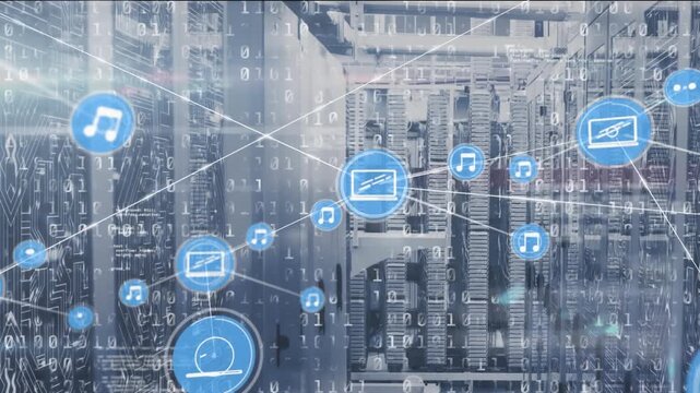 Composition of network of digital icons over computer servers