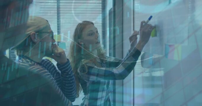 Animation of financial data processing over business people by whiteboard