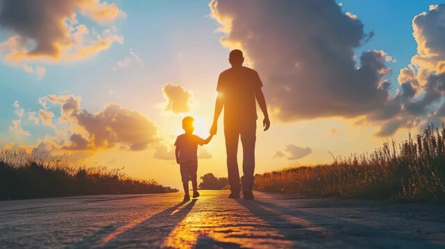 Dad and son walking path at sunset