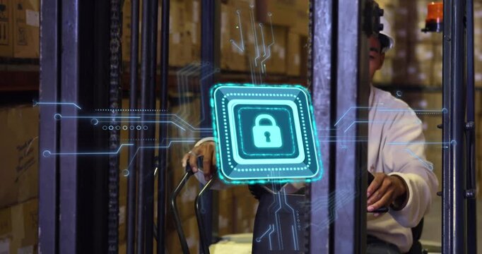 Animation of padlock icon over african american male worker using turret truck in warehouse