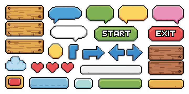 Pixel Art Frames and Retro 8 Bit Game UI Set Featuring Buttons, Arrows, Speech Bubbles and Quote Frames, Vintage Arcade Style Interface Elements Vector Template Collection