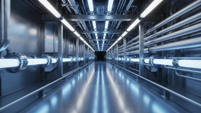 Industrial corridor with metal pipes and bright fluorescent lighting. Futuristic factory hallway interior. Modern technology facility for engineering manufacturing.