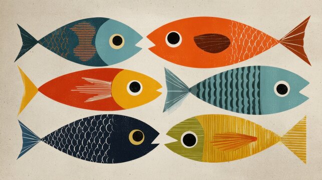 Colorful fish swim together in a row