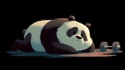 Fototapeta premium Panda rests beside a small dumbbell