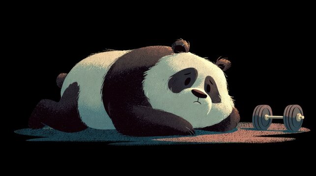 Panda rests beside a small dumbbell