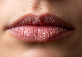 Fototapeta premium Macro shot of dry chapped lips with visible cracks, highlighting skin texture and dehydration