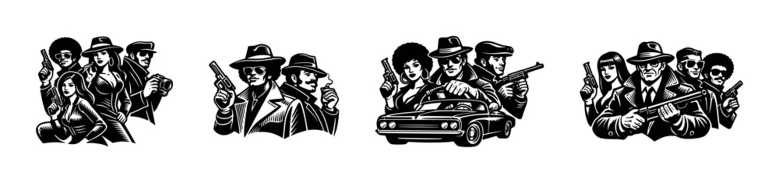 Black and white silhouette vector illustrations of retro gangster figures