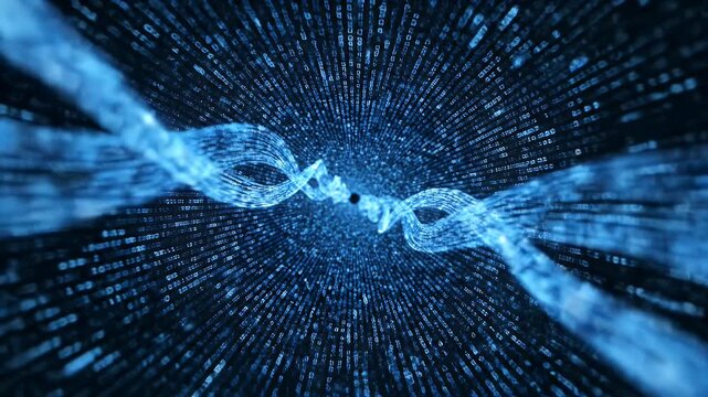 Abstract digital art shows a blue swirl of data and code, converging in a vortex