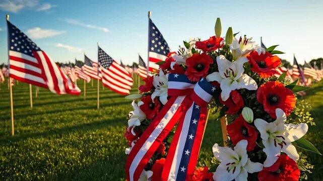 Memorial wreath with flowers and ribbon placed in field with American flags at sunset. Patriotic decoration for Veterans Day to honor fallen soldier and hero.