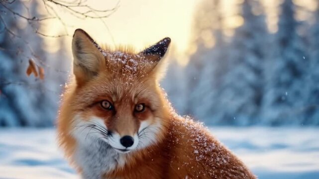 Red fox portrait in snowy winter forest scene with soft sunlight