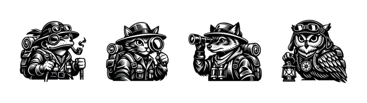 Vintage black and white animal explorer silhouettes with accessories and hats