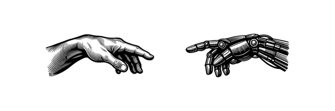 Human hand and robotic hand reaching each other black and white illustration vector