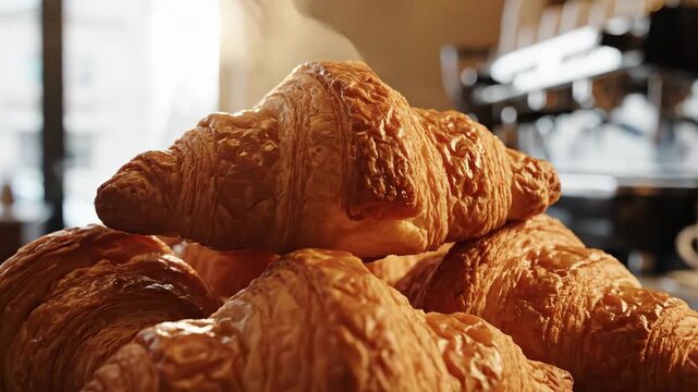 Hot golden croissant pile on wooden table. Fresh bakery product with steam in morning light. Delicious pastry for breakfast served in cozy cafe bistro interior.