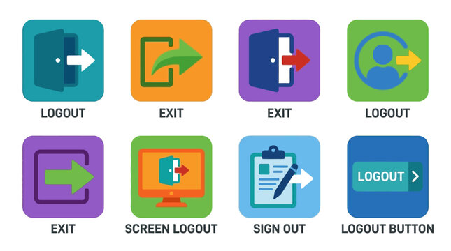 Vector icons of various colorful logout and exit buttons on screen