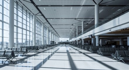 Obraz premium Empty airport terminal with rows of chairs and large windows showing a modern and spacious interior design