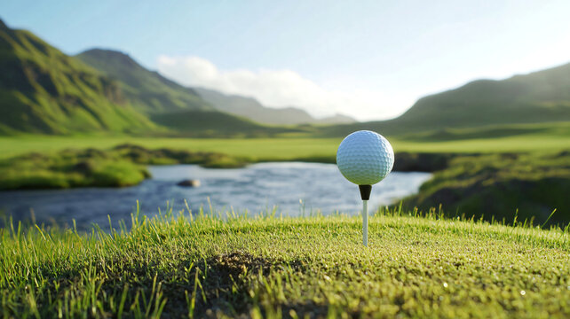 Golf ball on tee by river landscape,Generative ai