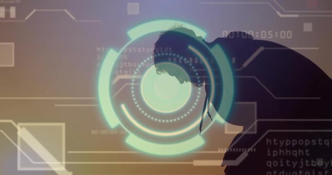 When circular display activates, man tilting head downward in tech demo, analyzing data graphics