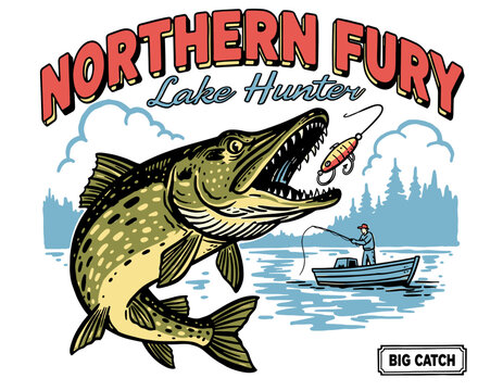 Northern pike fishing jumping for lure with fisherman on lake, vintage lake hunter mascot illustration for t-shirt design