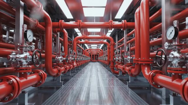 Industrial complex with orange pipes and pressure gauge system in utility room. Steam venting from metal plumbing infrastructure for plant operations and maintenance.
