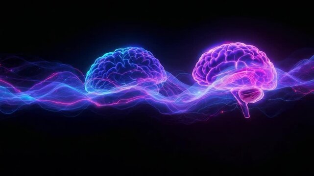 Two glowing brains connected by energy waves in vibrant blue, pink and purple hues against a black backdrop